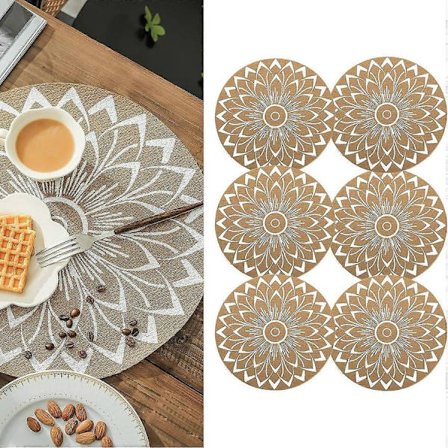 Sæt med 6 Boho PVC Runde Dækkeservietter til Spisebord Mandala Bordmåtter Vaskbare Varmebestandige Dækkeservietter Jute Retro Borddekoration