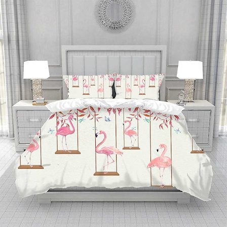 Flamingo Dynebetræk King/Queen Size, pink Wildlife Tropiske Dyr Print Sengetøj Sæt Til Børn Piger Teenagere, palmeblad Quilt Betræk