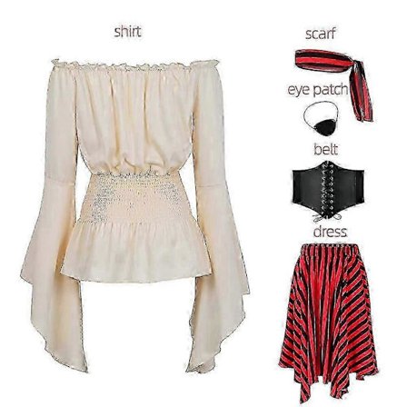 2024 Kvinders Piratkostume Cosplay Renaissance Bluse Toppe Korset Taljebælte Pirat Nederdel Striber Hovedtørklæde Halloween Fancy Kjole-lingling}