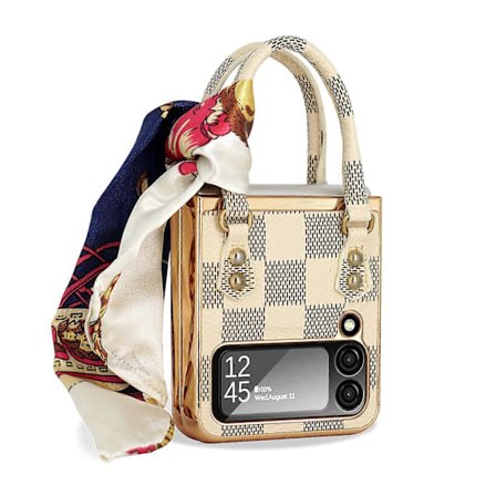 Mobilfodral för Samsung Galaxy Z Flip 4 2022, Fashion Handbag-fodral med Sidenhalsduk-armband Lyxig Guldförgylld Stötfångare Läder Skydd