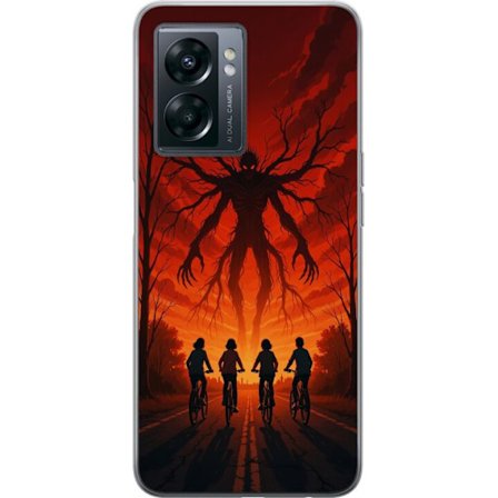 Kompatibel Mobilcover til OnePlus OnePlus Nord N300 MÃ ̧rk Stranger Things-inspireret horror illustration med rÃ ̧d himmel, monster figur og cyklende 
