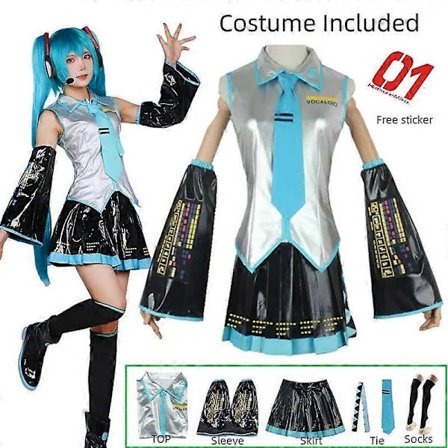 Miku Cosplay Komplet Sæt Sølv Læderstofdragt Miku Cosplay Hovedbeklædning Kostume Outfit JK Sailor Kjole High School Uniform Hallow-WELLNGS