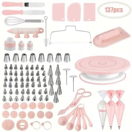 137-delers kakedekorasjonssett med kakefat, sprøyteposer og tipper, komplett kakedekorasjonssett