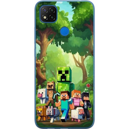 Kompatibelt Mobildeksel til Xiaomi Redmi 9C NFC Blokkete pikselerte spillverden med grønne figurer og dyr i frodig skogsmiljø