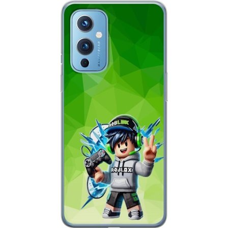 Yhteensopiva Puhelinkuori OnePlus 9 Roblox-inspiroitu pelaajahahmo, jossa on kuulokkeet, ohjain ja energiset efektit vihreää taustaa vasten