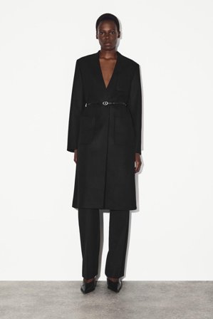 COS Women's Collarless Wool Cashmere Long Coat in Black