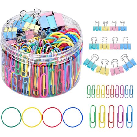 Bindklämmor Gemklämmor, 300 st färgade kontorsklamrar set med pappersklämmor Gummiband för kontor och skolmaterial, olika storlekar"