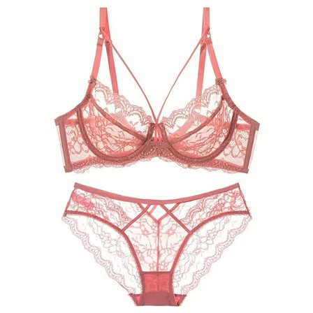 Blomstret blonde-bh og trusser, åndbar push-up uforet bh og gennemsigtige trusser lingerisæt, dameundertøj og lingeri