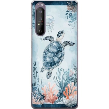 Yhteensopiva Puhelinkuori Sony Xperia 1 II Akvarellimaalaus merikilpikonna korallien ja meduusojen joukossa rauhallisessa sinisessä vedenalaisessa ma