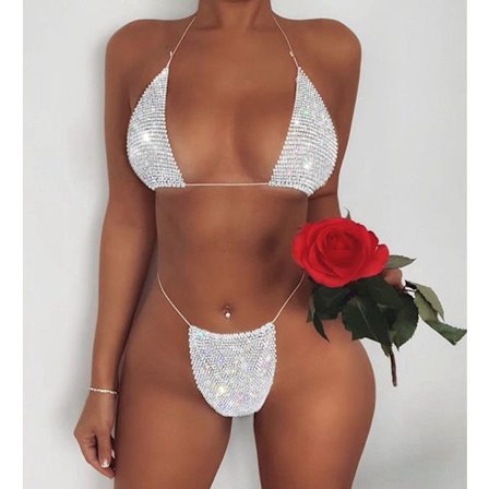Kristallnät Bikini Set Bling Top med Underkläder Kostym Mode Rhinestone