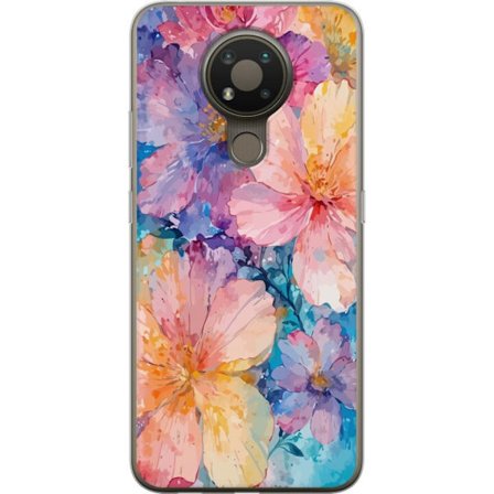 Yhteensopiva Puhelinkuori Nokia Nokia 3.4 Vesivärimaalaus suurilla kukilla vaaleanpunaisissa, sinisissä ja keltaisissa sävyissä pehmeässä taitee