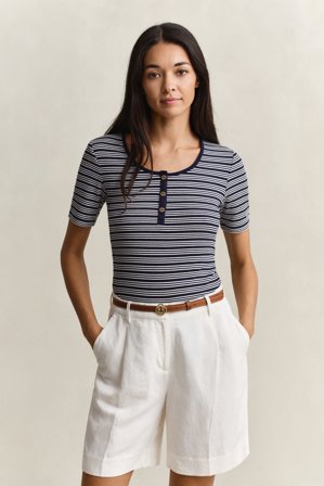 GANT Damen Geripptes Henley Shirt (XS) Marineblau