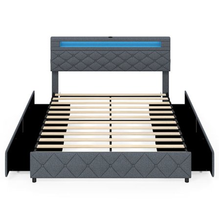 Polstret sengestel 160x200 cm med LED, USB, skuffer