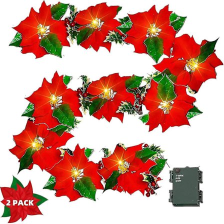 2 Pakke 2m Jule Poinsettia Blomster Girlander Dekorasjoner, 10 Led Lyste Kunstig Fløyel Streng