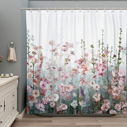 Mildew Resistant Shower Curtain Fabric Shower Curtain 120x180cm, Vandtæt Vaskbar Polyester Badekar Badeforhæng med Kroge, Blomsterbuskmønster