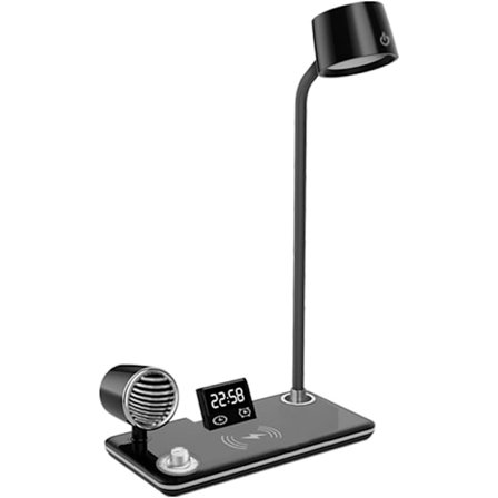 4-i-1 Smart Skrivebordslampe med Bluetooth-højtaler, trådløs oplader, ur, 10W output, hvid (sort)