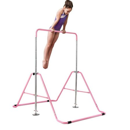 COSTWAY Justerbar Gymnastikbar för Barn med Triangulär Struktur, Höjd 90-137 cm, Rosa
