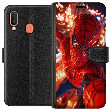 Kompatibelt Plånboksfodral till Samsung Samsung Galaxy A20e Spider Man i intensiv action med gnistrande ljus och dynamiskt perspektiv i filmisk super
