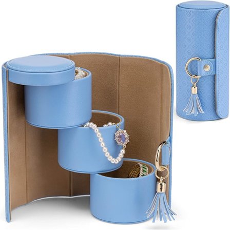 Reise Smykkeskrin, Kunstig Lær Smykke Ruller Smykke Organiser for Ringer, Ørepynt, Halskjeder, Armbånd, Gave til Kvinner, Par, Himmelblå