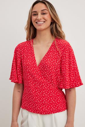 NA-KD Boho Haut noué sur le devant à manches cloche - Hauts d'été - Rouge,Flower - EU 34