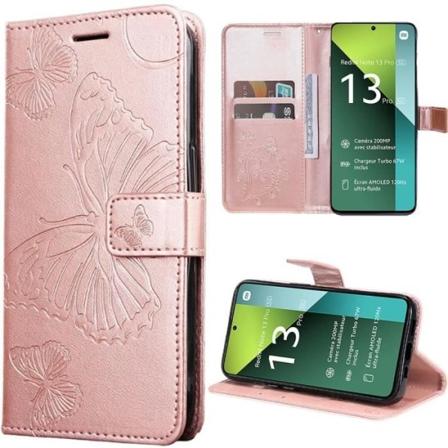 Etui til Xiaomi Redmi Note 13 Pro 5G (ikke til 4G) Sommerfuglemønster PU-lædercover med kortholder og støtteben, Pink