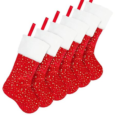 6 Pieces Christmas Stockings, Golden Star With White Plush Trim, Classic Personalized Large Stocking Decorations For Family Holiday Season Decor, Red