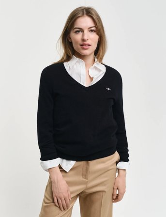 GANT Extrafine Lambswool Blend V-Neck - Black - XS