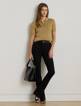 Lauren Ralph Lauren Metallic Cable-Knit Polo Sweater - Beige - XS