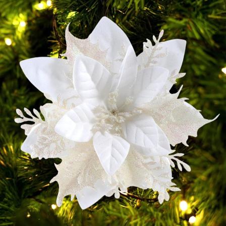 Kunstige julestjerner juleblomsterdekorasjoner glitter juleblomster julepynt juletrekranser nyttårsbryllupsfestpynt (hvit)