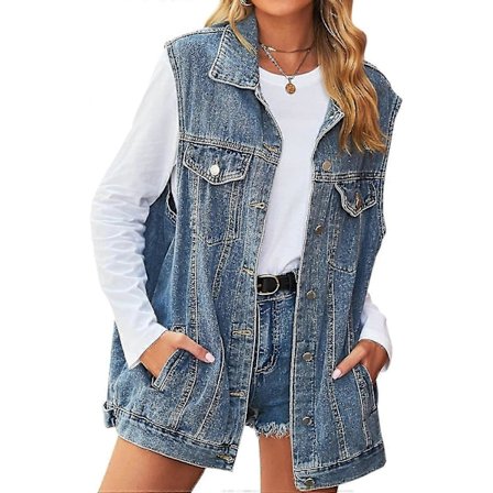 Dame Denim Jakke Ærmeløs Knap Ned Jean Vest Midt Lang Vest