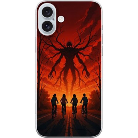 Yhteensopiva Puhelinkuori Apple Apple iPhone 16 Plus Tumma Stranger Things -inspiroima kauhukuvaus punaisilla taivaalla, hirviöhahmo ja pyöräilevä