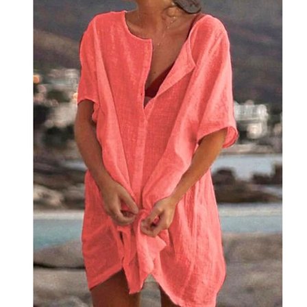 Dame Oversize Bomulds T-shirt Strandkjole, Bikini Cover Up Med Rund Halsudskæring, Knaplukning