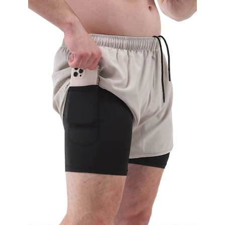 Herre Sportshorts med For 2-i-1 med Lommer Hurtigtørrende Løb Cykling Fitness Shorts -Sy -Sy Beige