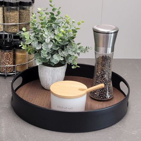 Rund Bakke 30 cm, Serveringsbakke, Træ - Dekorativ Bakke i Metal