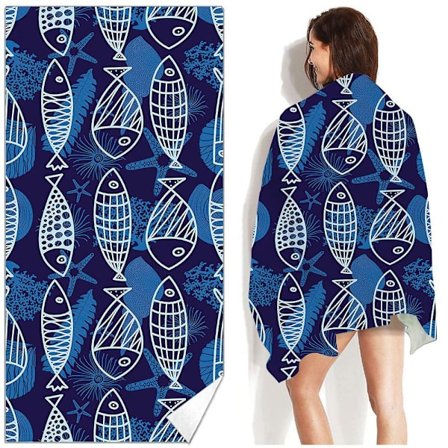 Stor bomullsstrandhåndkle, 90 x 180 cm, tosidig, absorberende strandteppe, badehåndkle mørkeblå, marineblå, fisk hvit