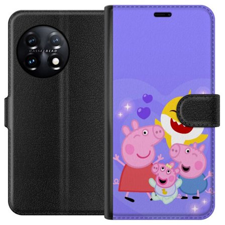 Kompatibel Tegnebogsetui til OnePlus 11R Peppa Gris mønster med hjerter, sommerfugle og venner, lyserød baggrund i bløde børneillustrationer