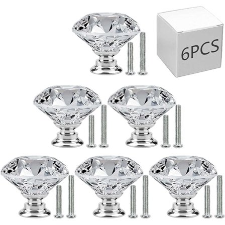 6 stk skap knotter med skruer, 30mm skuffhåndtak krystallgla
