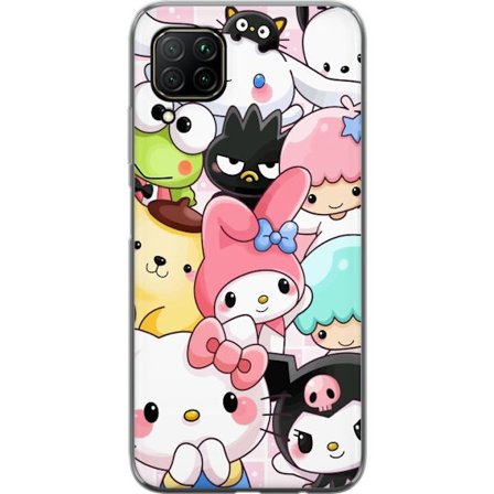 Kompatibelt Mobildeksel til Huawei P40 lite Tett mønster av søte figurer med store øyne i ulike farger og uttrykk med LABUBU-tekst