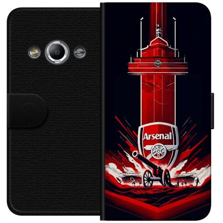 Yhteensopiva Lompakkokotelo Samsung Galaxy Xcover 3 Arsenal-embleemi, jossa tykki ja stadionmotiivi voimakkaassa punaisessa ja valkoisessa urheilusuun