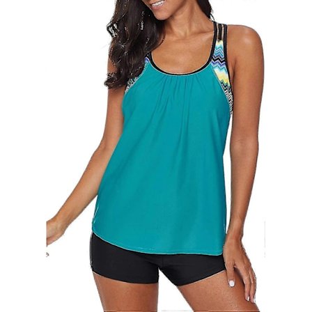 Dame Blouson Stribet Printet Stroppy T-ryg Push Up Tankini Top Med Shorts