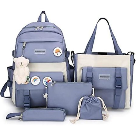 Pcs estetisk sett for skole tenåringsjenter Daypack søt trendy preppy stor kapasitet skulderpose farge blå