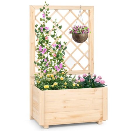 COSTWAY Hævet Plantekasse i Fyr med Trellis til Klatreplanter, Blomster, grøntsager, Frugter, Dræning, 58 x 35 x 101 cm