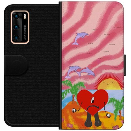 Kompatibelt Lommeboketui til Huawei P40 Bad Bunny i en fargerik quiltet jakke med hjertemønster og solbriller i moderne gatestil