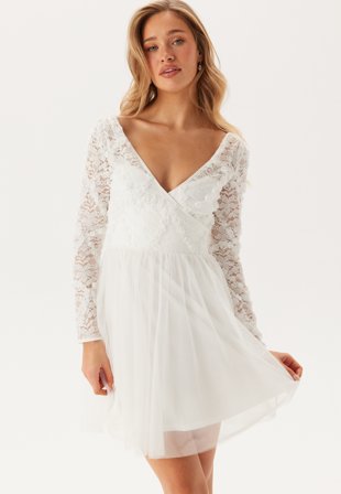 Bubbleroom Occasion - 3D Flower L/S Lace Dress - White - Kläder