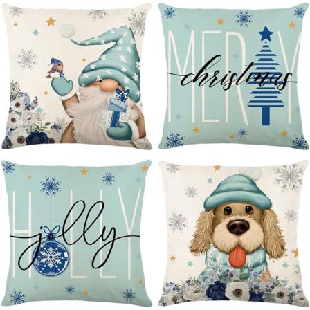 Jul Dekorativt Örngott 45 x 45 cm Jultomte Hund Blå Dekorativa Örngott för Hem Soffa Sovrum Bil Set om 4 (JYM354)