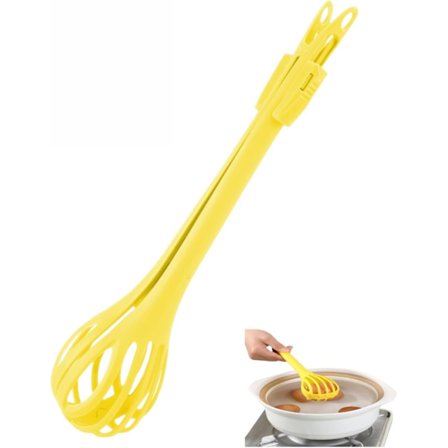 Gul 2-i-1 Piskeris & Madtænger - Manuel Æggepisker & Multifunktionelt Køkkenredskab til Blanding, Bagning, Salat & Servering