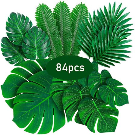 84 stk. Palmblade Kunstige Tropiske Monstera - 6 Typer Store Små Grønne Falske Palmblade Med Stilke Til Safari Jungle Hawaiian Luau Festbord