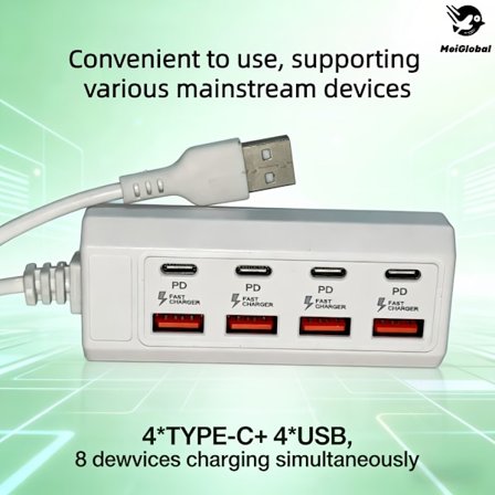 1 stk 8-Port Hurtigladestasjon med 25W Smart Power Delivery, 4 USB-A + 4 Type-C PD-porter for samtidig lading av nettbrett/bærbare datamaskiner/