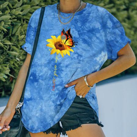 Dam Sunflower Butterfly Print Tunika Blus Crew Neck Tee