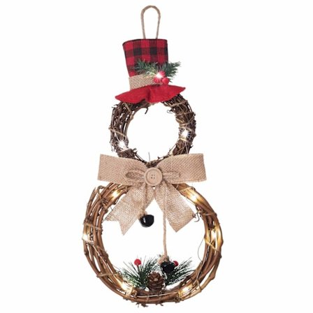 Julgran av trä med LED-belysning, snögubbe med hatt